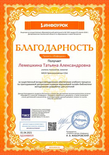 Благодарность проекта infourok.ru №БД16488929